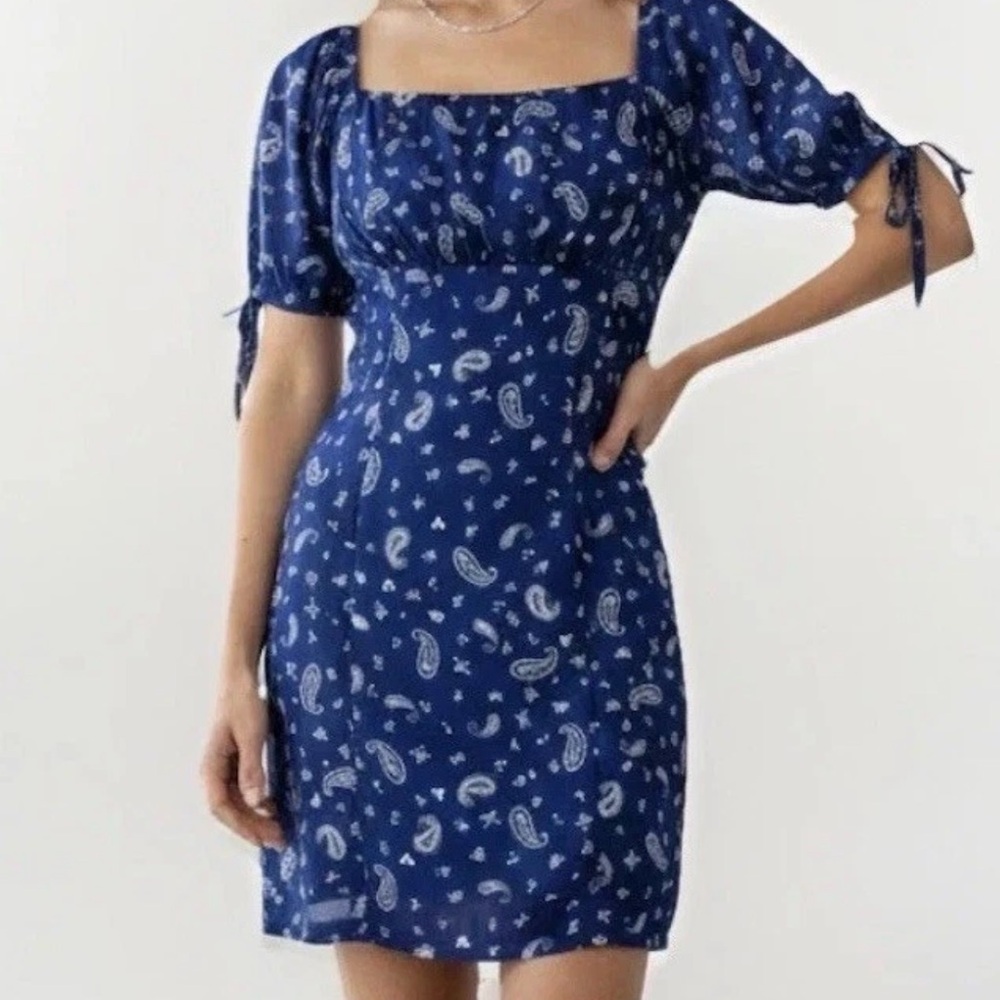 Altar’d State Blue Paisley Puff Sleeve Mini Dress Boho Casual Size S